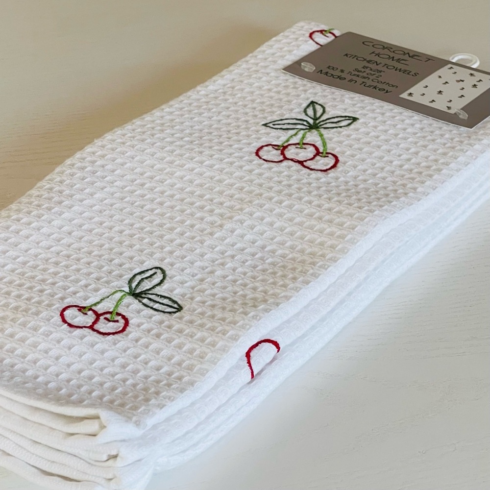 Coronet Home, White, Cherry Red Embroidered Kitchen Towels, Sz  18x28